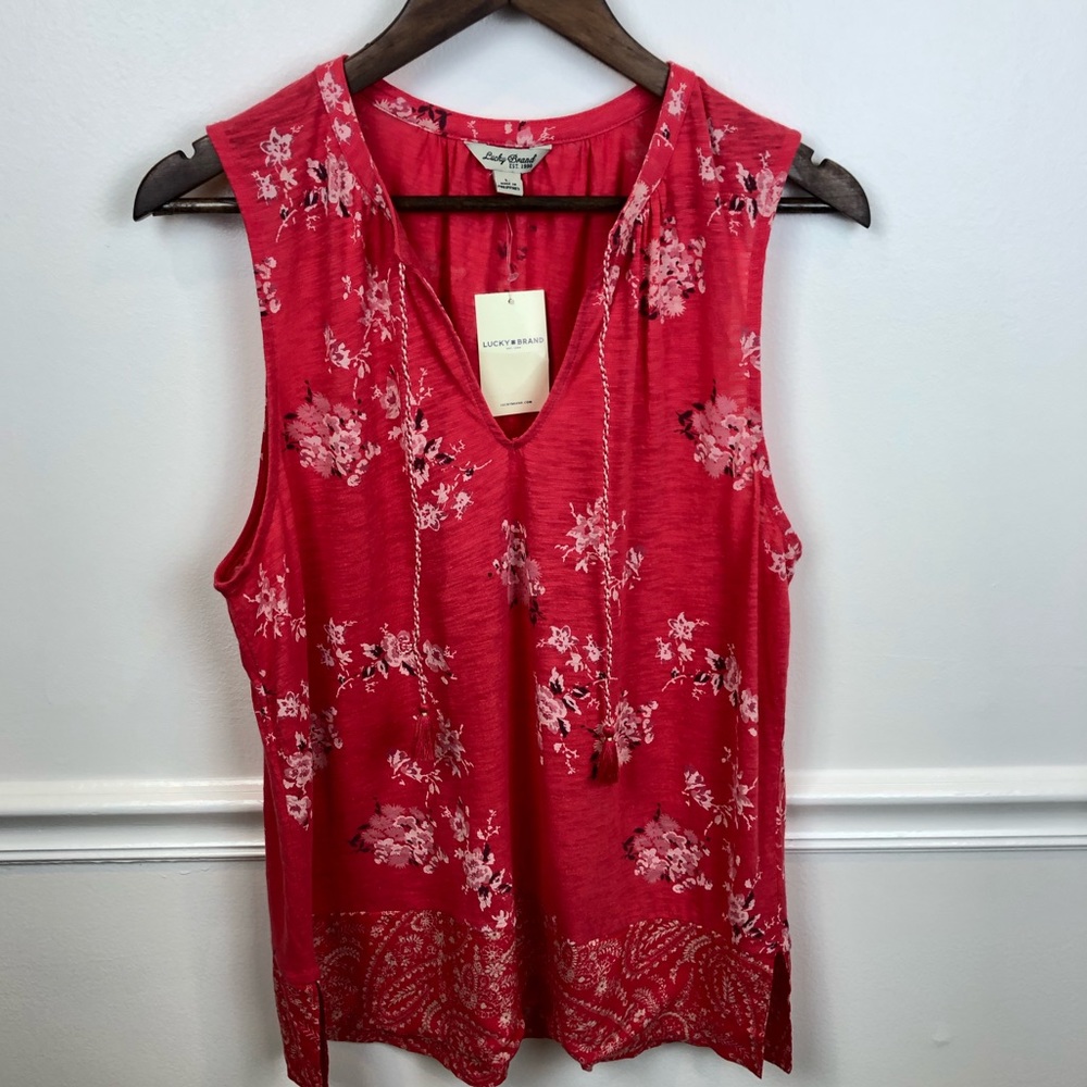 Lucky Brand Red Floral Sleeveless V-Neck Tunic Top